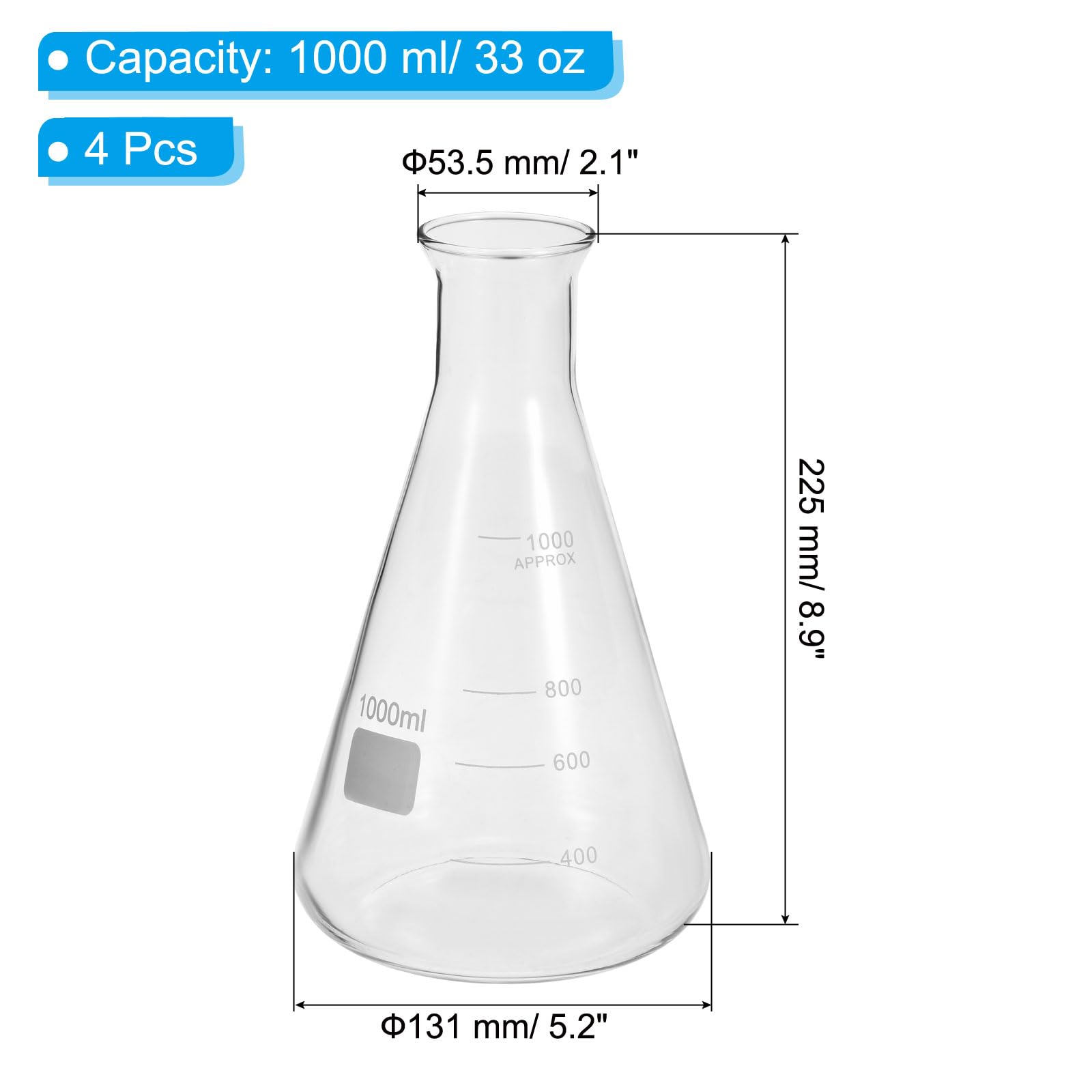 PATIKIL Matraz Erlenmeyer, 4 Piezas 1000ml 33oz Boca Estrecha Matraces Graduados De Vidrio Borosilicato Con Escala Impresa Para Laboratorio Experimentos Estudio Científico