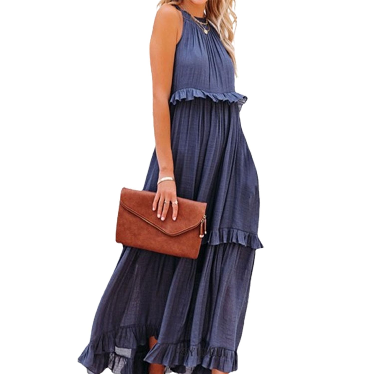 Vestido Largo sin Mangas con Cuello Halter, Vestido Informal con Volantes y Volantes, Vestido Largo con Vuelo en la Playa