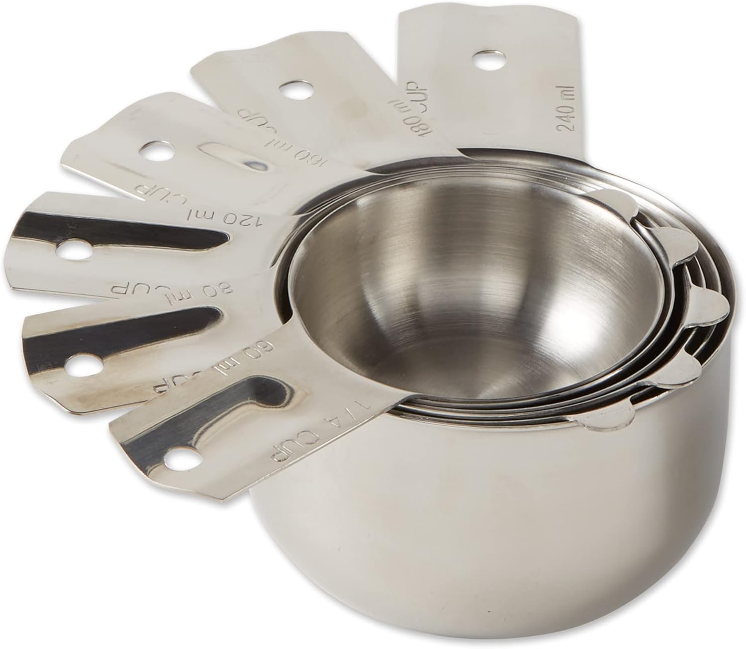 RSVP International Endurance (NCP-6) Stainless Steel Measuring Cups, Set of 6 | 1/4 Cup to 1 Cup Measurements | Nest for Easy Storage | Dishwasher Safe | Dry or Liquid | Baking or Cooking,Medium