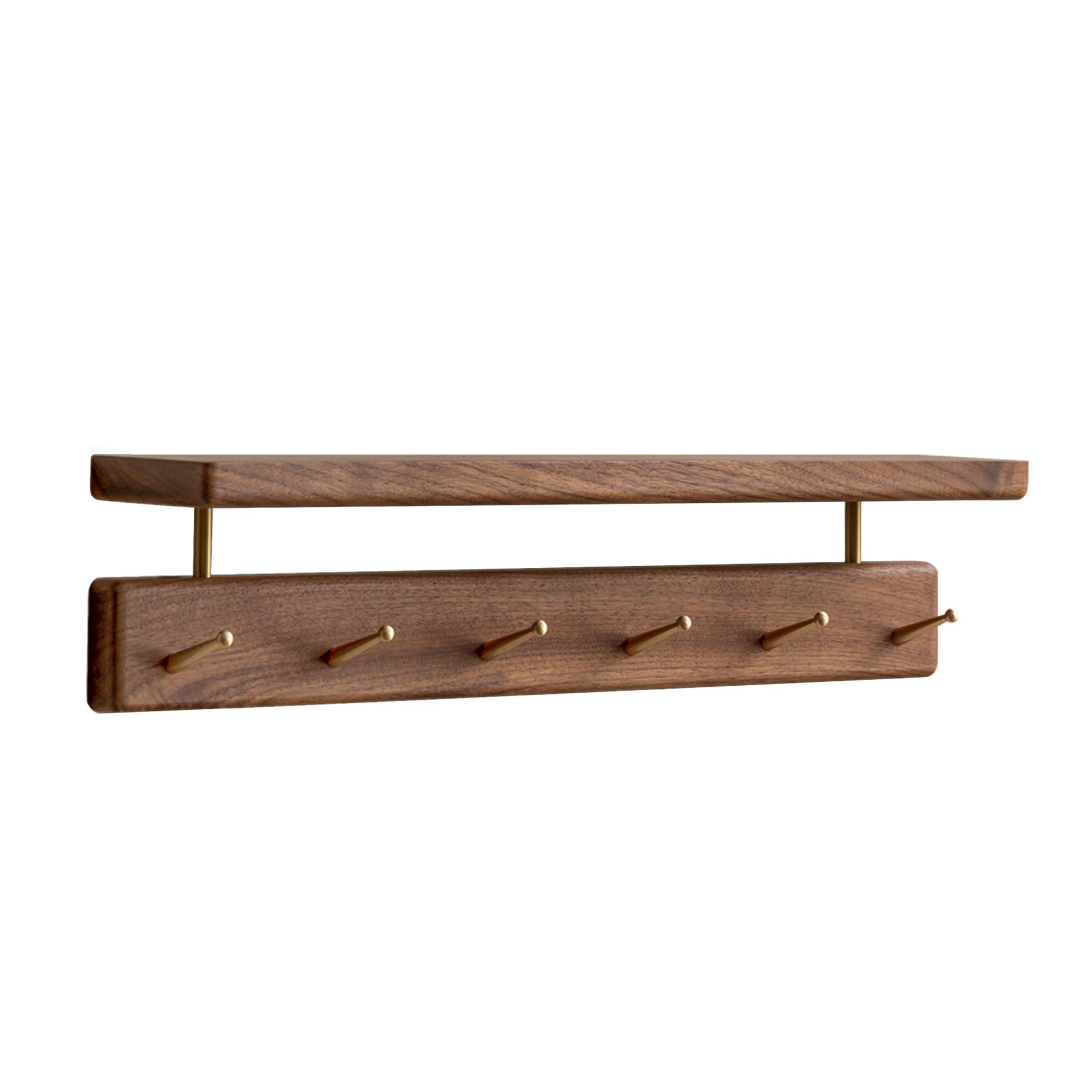 YESWOOD Porte Manteau Mural en Noyer Noir Massif, 6 Crohets en Laiton, Porte Clé Mural avec Étagère, Patère Mural pour Vêtements, Chapeaux, Serviettes, Noyer Noir Naturel