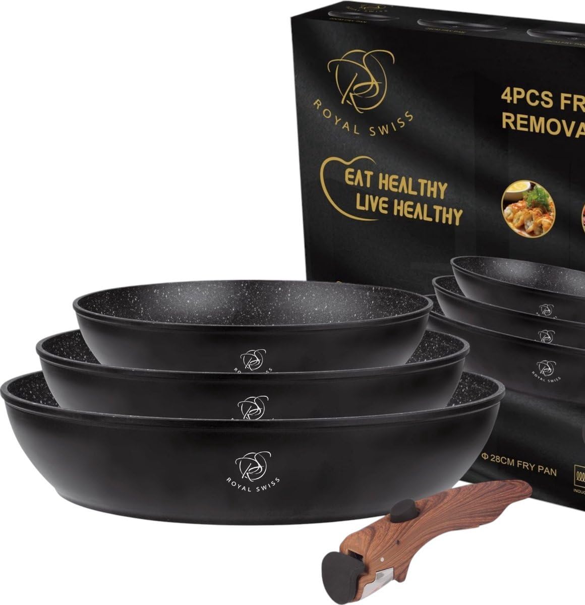 Royal Swiss® Set de ollas, 4 piezas, mango desmontable, revestimiento de mármol, inducción, sin PFAS, para todo tipo de fuentes de calor, negro (negro, 4)