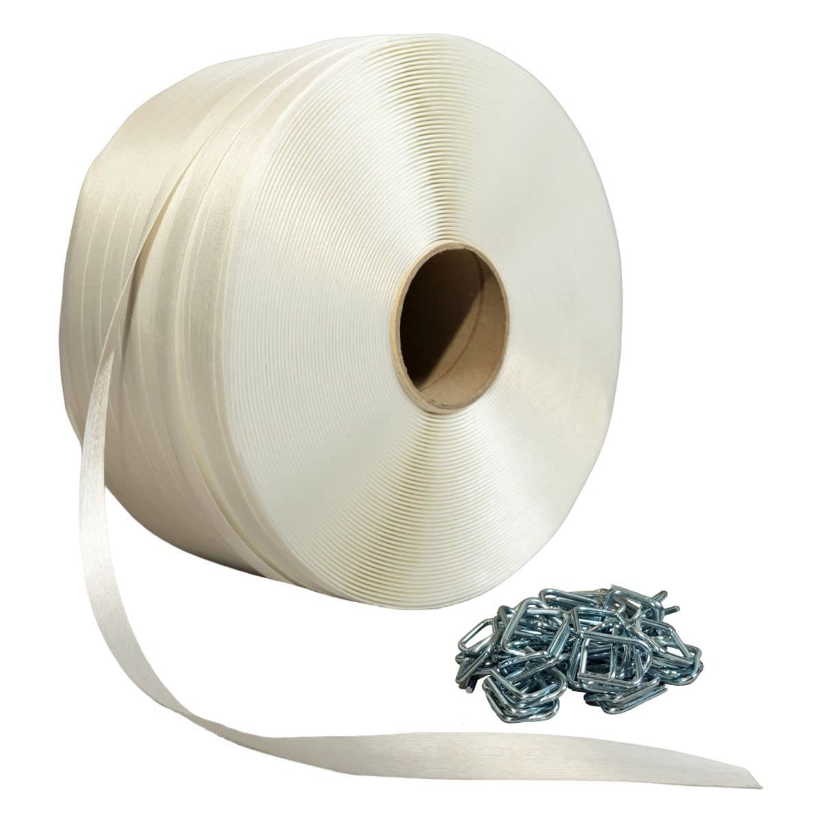 TECPLAST Pack 1 Feuillard de cerclage fil à fil PFF1 16 mm x 850 m + 250 Boucles - Feuillard textile Haute Résistance 450kg