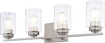 VAXCEL Park Ridge 4-Light 27.5 in. Wide Satin Nickel Transitional Bathroom Vanity Lighting Fixture, Clear Glass Shade, Dimmable, LED Compatible, Over The Mirror Mounted Steel Wall Sconce