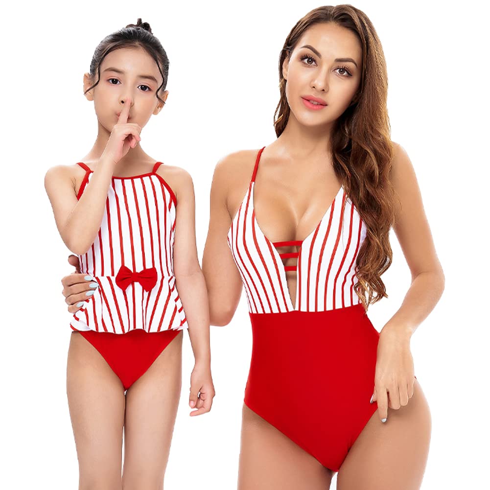 Mommy and Me Swimsuits, Mother and Daughter Swimwear, Family Matching Swimsuit, Girls Bikini and Women's Swimsuit Bathing Suit Bikini Set Red Strips 9-10 Years