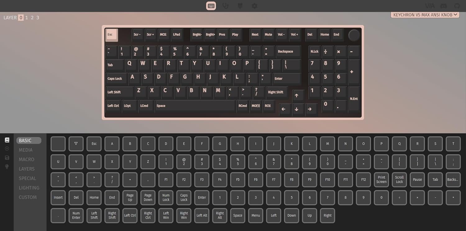 Captura de pantalla de la interfaz del software VIA que muestra la personalización del diseño del teclado.