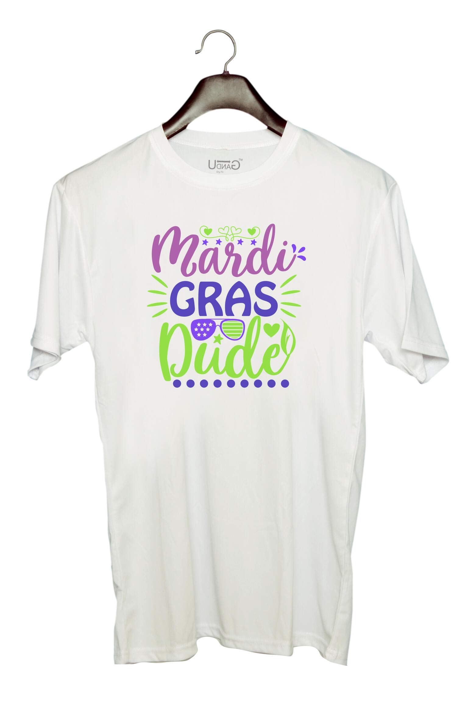 UDNAGUnisex Round Neck Graphic 'Dude | Mardi gras Dude' Polyester T-Shirt White [Size 2YrsOld/22in to 7XL/56in]