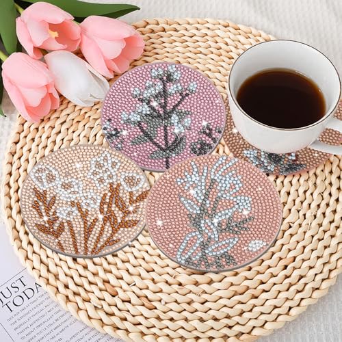 Ovveroche Ovveroche 8 Pcs Flower Diamond Art Painting Coasters with Holder, Diamond Art Coasters Abstract Diamond Art Kits for Adults Beginner Craft Supplies Spring Floral Flower — view 5