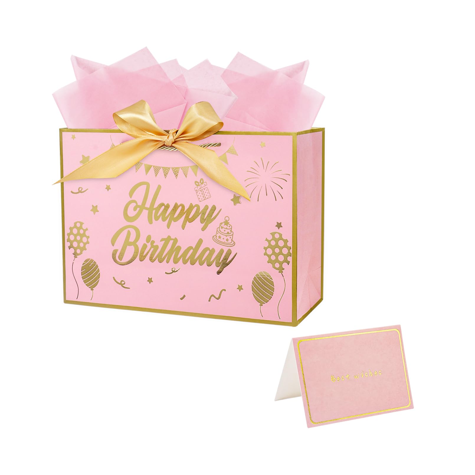 Pink Birthday Gift Bag 11.0 × 8.0 × 4.0 inches Happy Birthday Bag with Ribbons, 3 Tissue Papers & Card Gift Bags for Women & Party Presents — image 1
