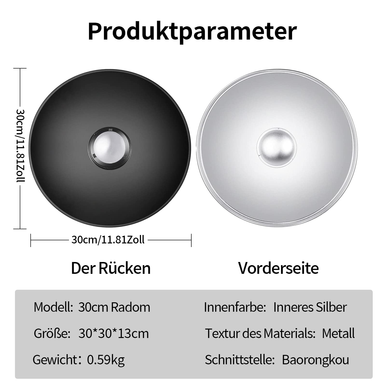Soonpho Beauty Dish 30 cm/12 Zoll Standard Reflektor mit Schwarz Wabengitter,Silber Diffusor und Aufbewahrungstasche,Fotostudio Strobe Blitzlicht Reflektor für Bowens Mount Studioblitz