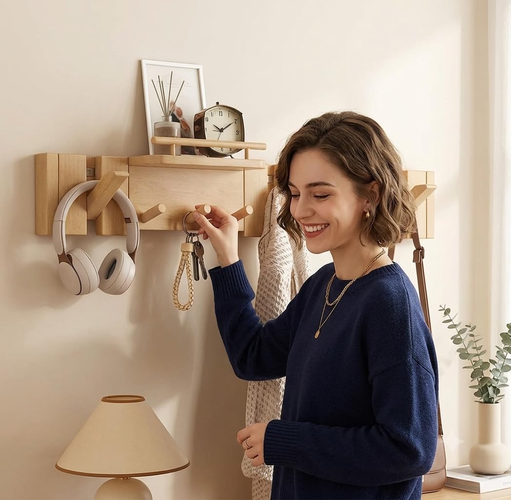 Perchero de Pared de Bambú Natural con Estante y Ganchos Plegables - Colgador de Pared Abatible Organizador para Entrada, Recibidor, Salón y Dormitorio 60cm.