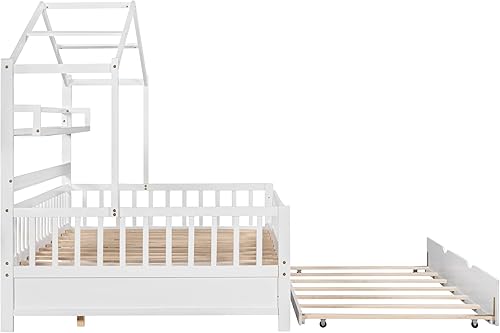 Miniatura 7 de MERITLINE Cama de casa de tamaño matrimonial con nido y estantes de almacenamiento para niños, marco de cama Montessori con rieles de valla y techo