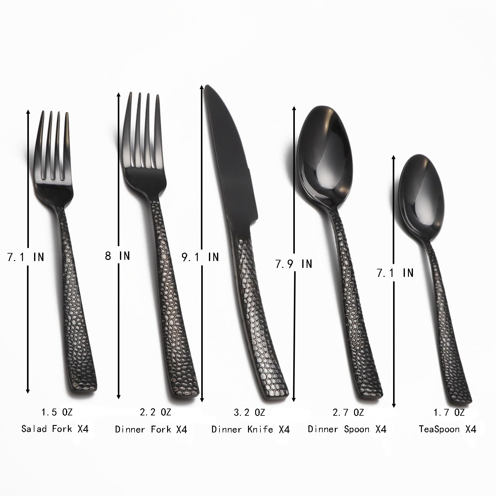 Black Hammered Silverware Set, 20 Piece Stainless Steel Flatware Set for 8, Food-Grade Tableware Cutlery Set for Home Restaurant, Mirror Polished, Dishwasher Safe