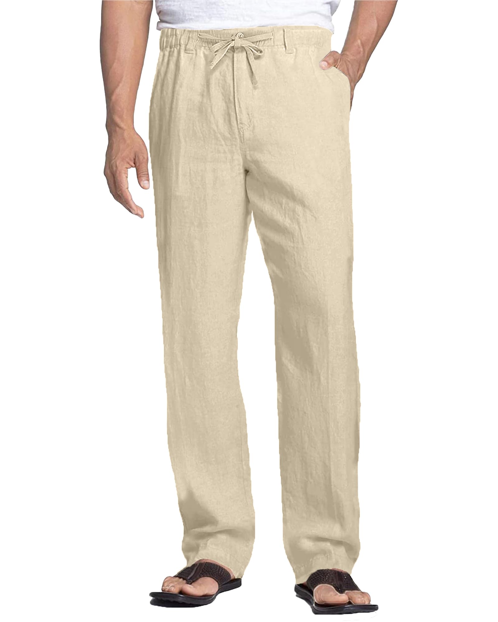 NANAMEEIMen's Cotton Linen Trousers, Beige, 32: Casual Trousers with Elastic Waist, Loose Fit, Flat Front, 2 Pockets, Pull On, Sweatpants, Summer, Solid, Hand Wash Only, 32/34, 32 inches