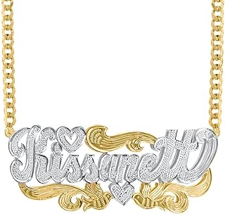 Custom Double Plated Name Necklace Personalized 18K Gold Plated Two Tone Nameplate Pendant with Heart Figaro Cuban Link Chain Customized Jewelry Birthday Gift for Women Girls Girlfriend Mom Men Boys