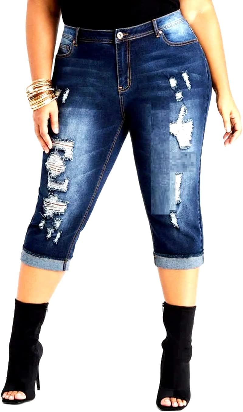 Jack David/CYCLON Women's Plus Size Stretch MID Rise Blue/Black Denim Jeans Capri (Jack David Pc-7722 Dark Blue., 22)