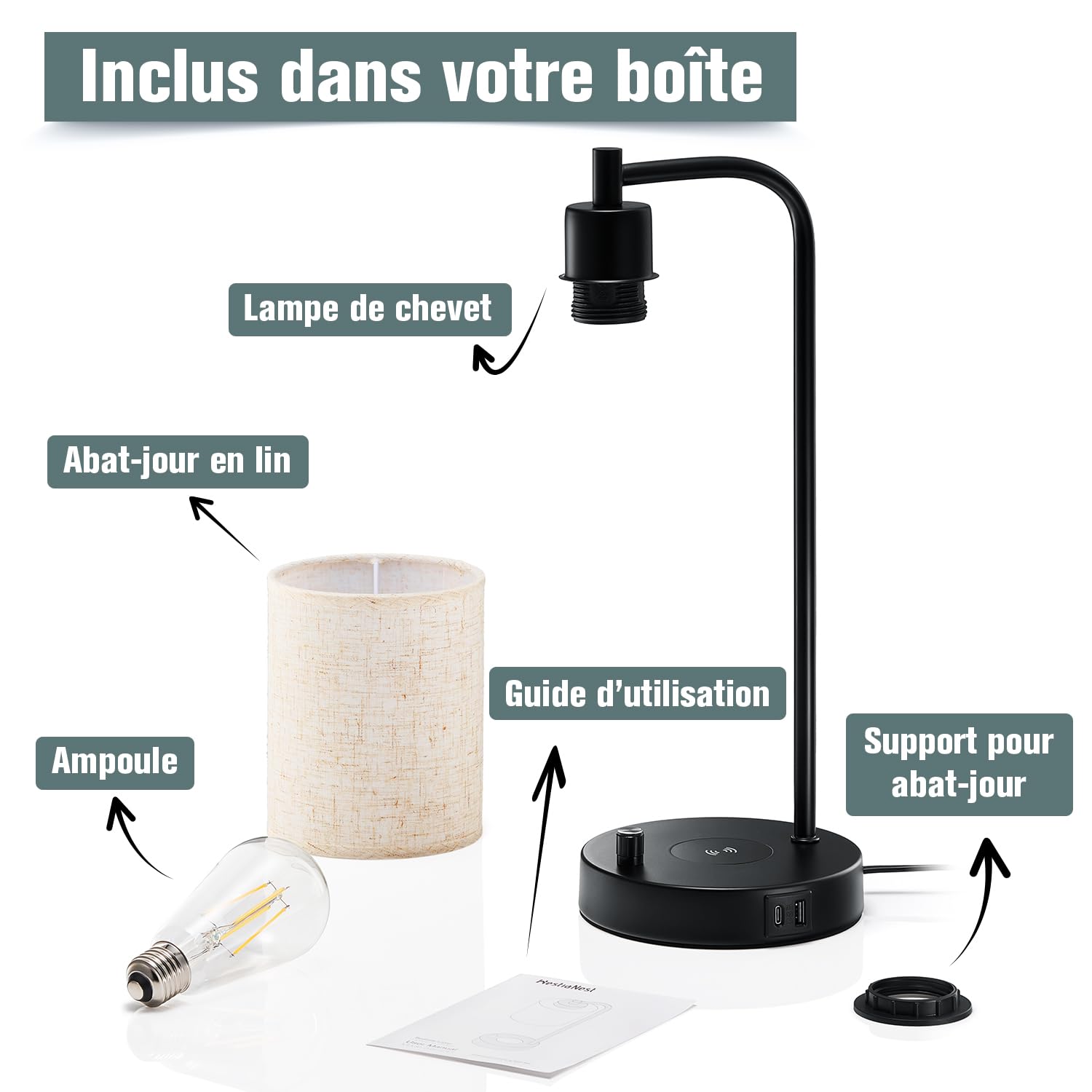 Lampe de chevet LED chambre avec chargeur induction, ports de recharge USB-C+A, Intensité variable, Abat-jour en lin, Veilleuse table de chevet, Lampe de bureau pour lecture, Lampe chevet connectée