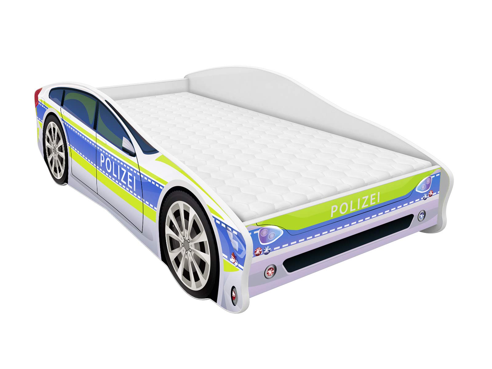 ACMA Autobett Polizei 160x80 cm - Kinderbett Auto im Polizeiwagen Design mit Matratze und Lattenrost, Jugendbett mit Rausfallschutz, Modell Polizei 1, belastbar bis 150 kg