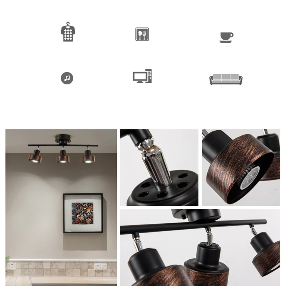 LED Retro Industrie Deckenstrahler Drehbar Schwarz-Rost 3-Flammig, Mit 3 Dreh-Und Schwenkbaren Spots,Decken-Lampe, Wand-Lampe, Decken-Leuchte, Cafe Shop Ziert Beleuchtung
