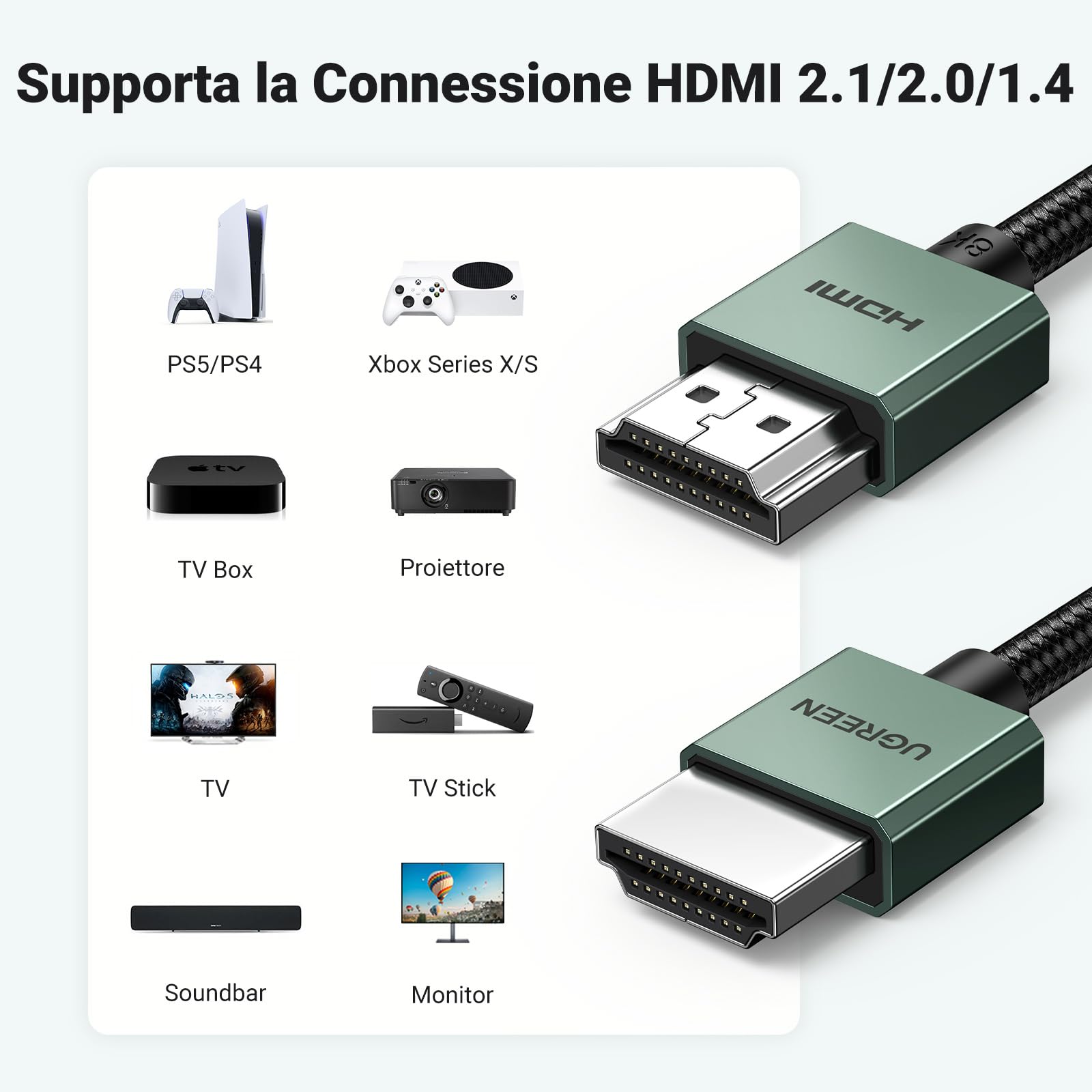 UGREEN Cavo HDMI 2.1 8K 10K 60Hz 4K 120Hz Dynamic HDR HDCP eARC Dolby Atmos Alta velocità 48Gbps Alluminio Compatibile con Monitor HDTV PS5 PS4 Xbox PC Proiettore, 5M