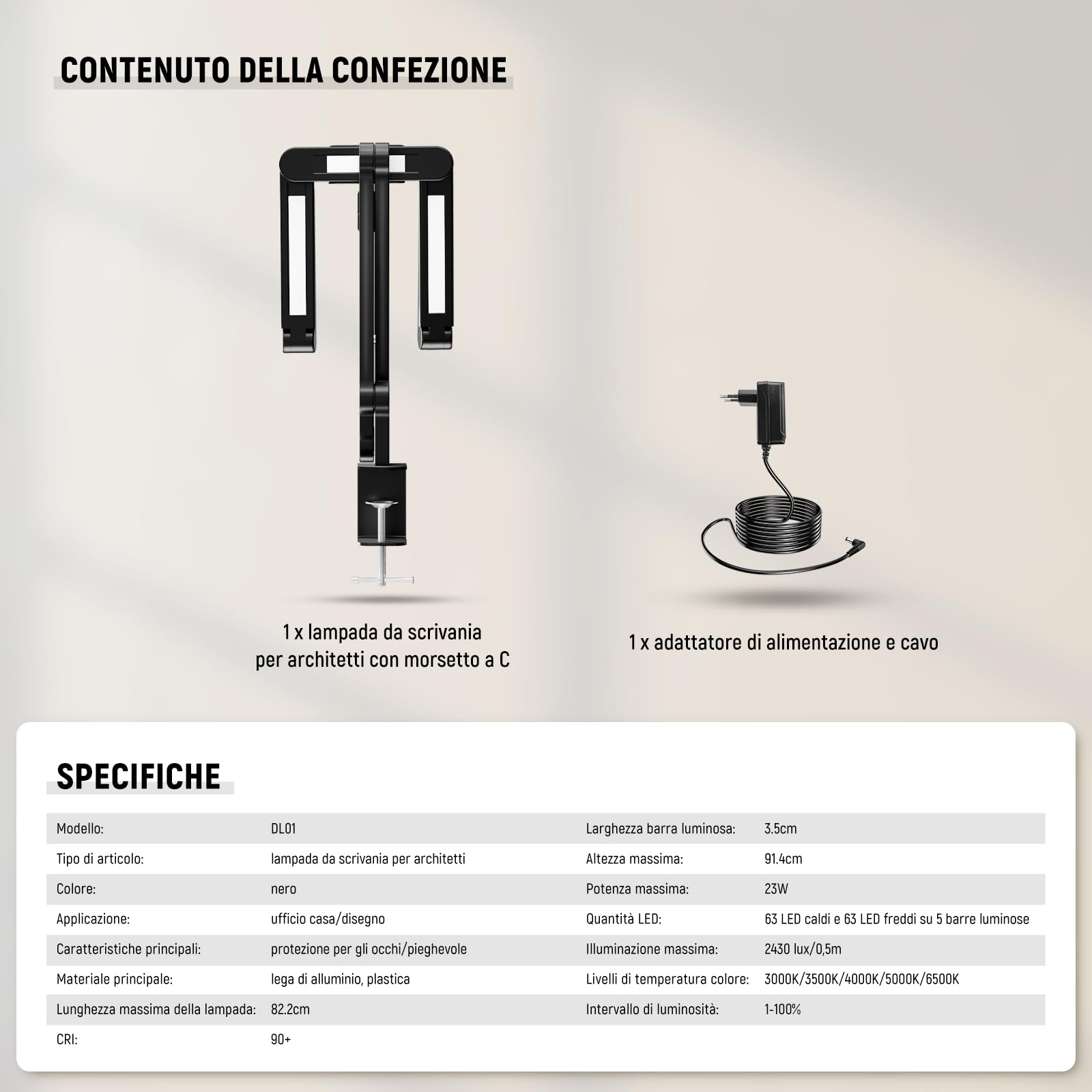 NEEWRE BASICS 32,5" Luce LED per Ufficio Domestico, Luce con Morsetto per Architetto Dimmerabile 23W, 5 Barre LED per Computer Drafting Table Desk Videoconferenza Atmosfera, DL01