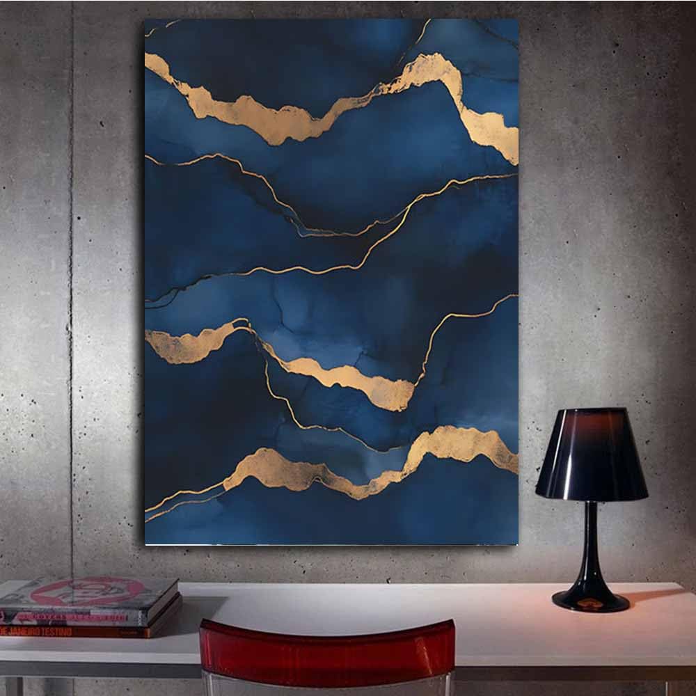 QUSAAOU Muralo Leinwandbild Tiefblau Gold Marmor Textur Optik Abstraktion-Motiv Bild FüR Wohnzimmer Schlafzimmer BüRo Restaurant Wandbild Wanddeko Modern Vintage(Blue)-30x45cm Gerahmt