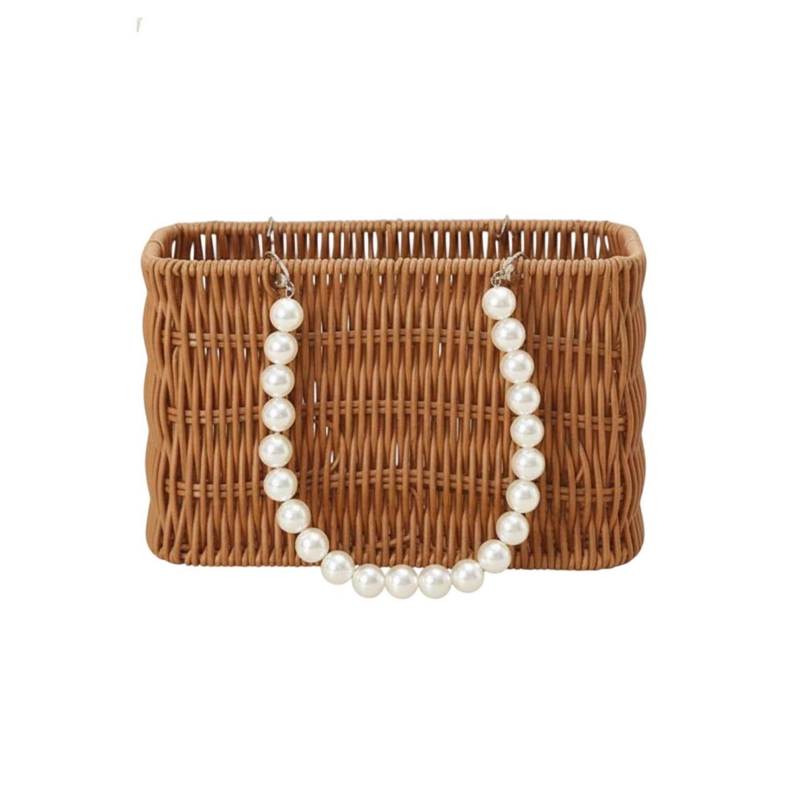 Multi-Purpose Rattan Design Flower Basket Multifunctional Woven Basket Pearl Handle Artisanal Pearl Handle Storage Bin Elegant Design for Party Decor, Wedding, 21-13-13cm, Rectangle-image-44