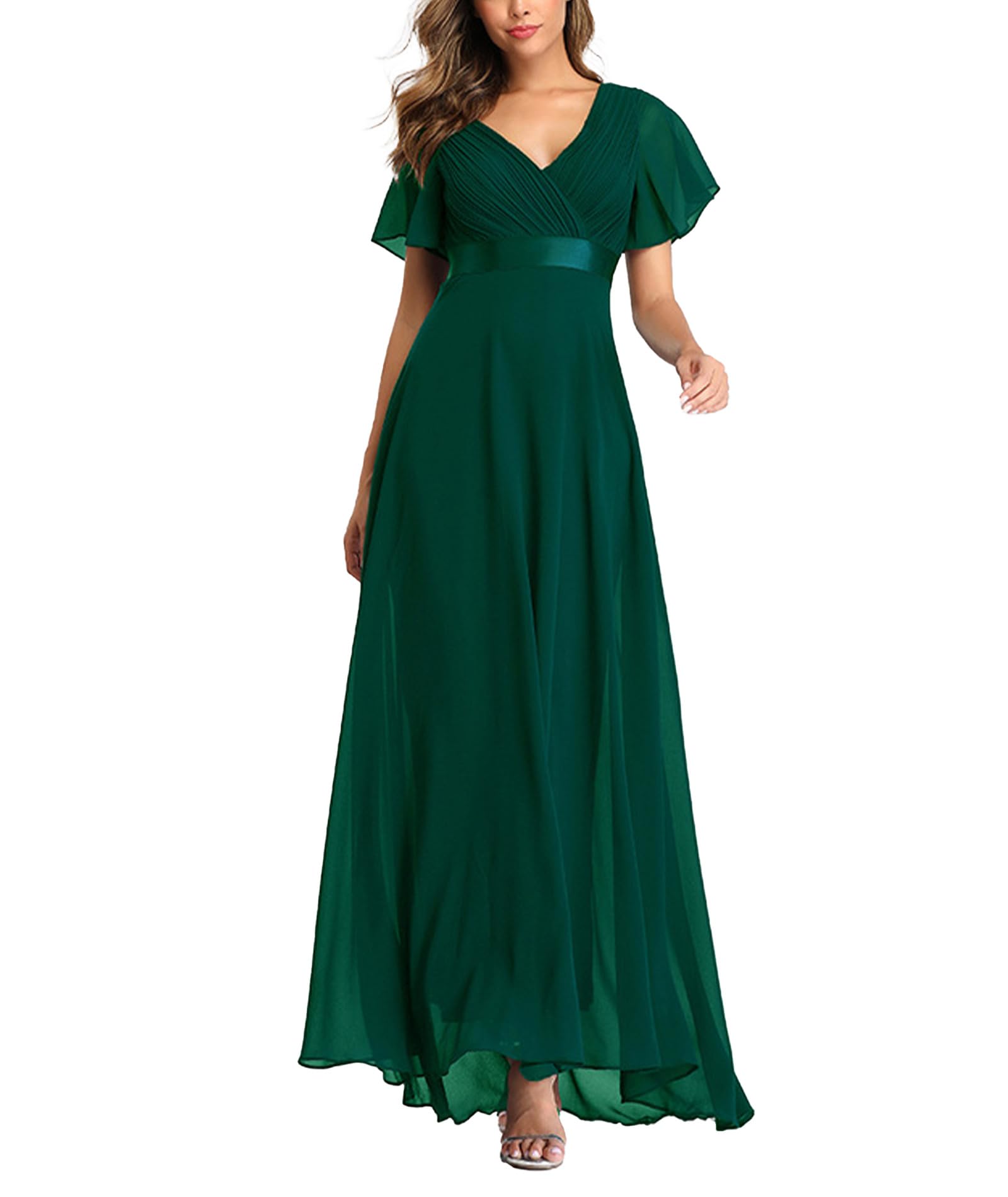 Women's Short Sleeve A Line Empire Waist Long Evening Gowns Chiffon V Neck Swing Bridesmaid Formal Party Dress