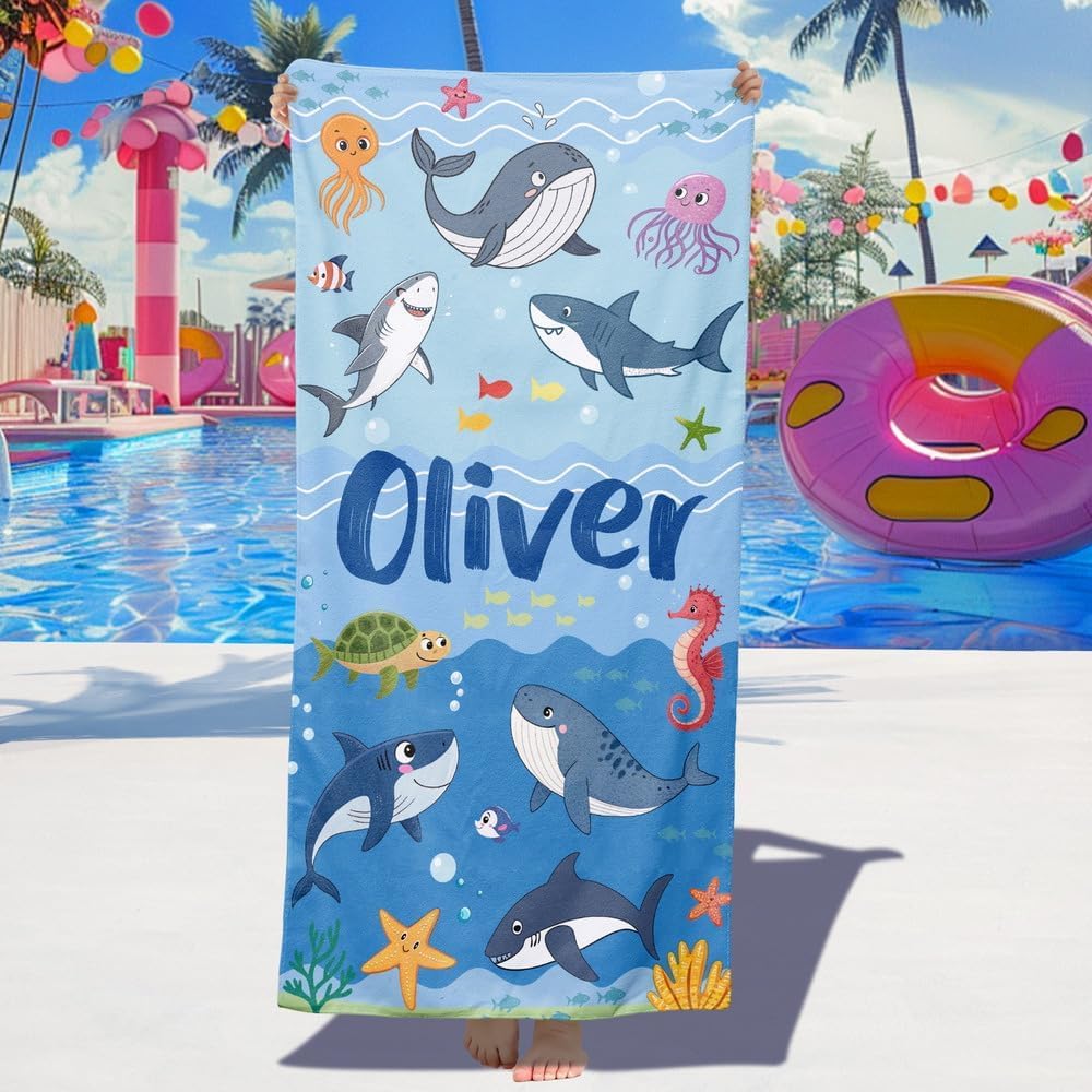 Loosusu Personalised Beach Towels for Kids - Custom Beach Towels with Monogram & Name- Ultra Absorbent Super Soft Swimming Towels for Kids,Customised Bath/Pool/Beach Towel for Boys Girls(Shark-C)
