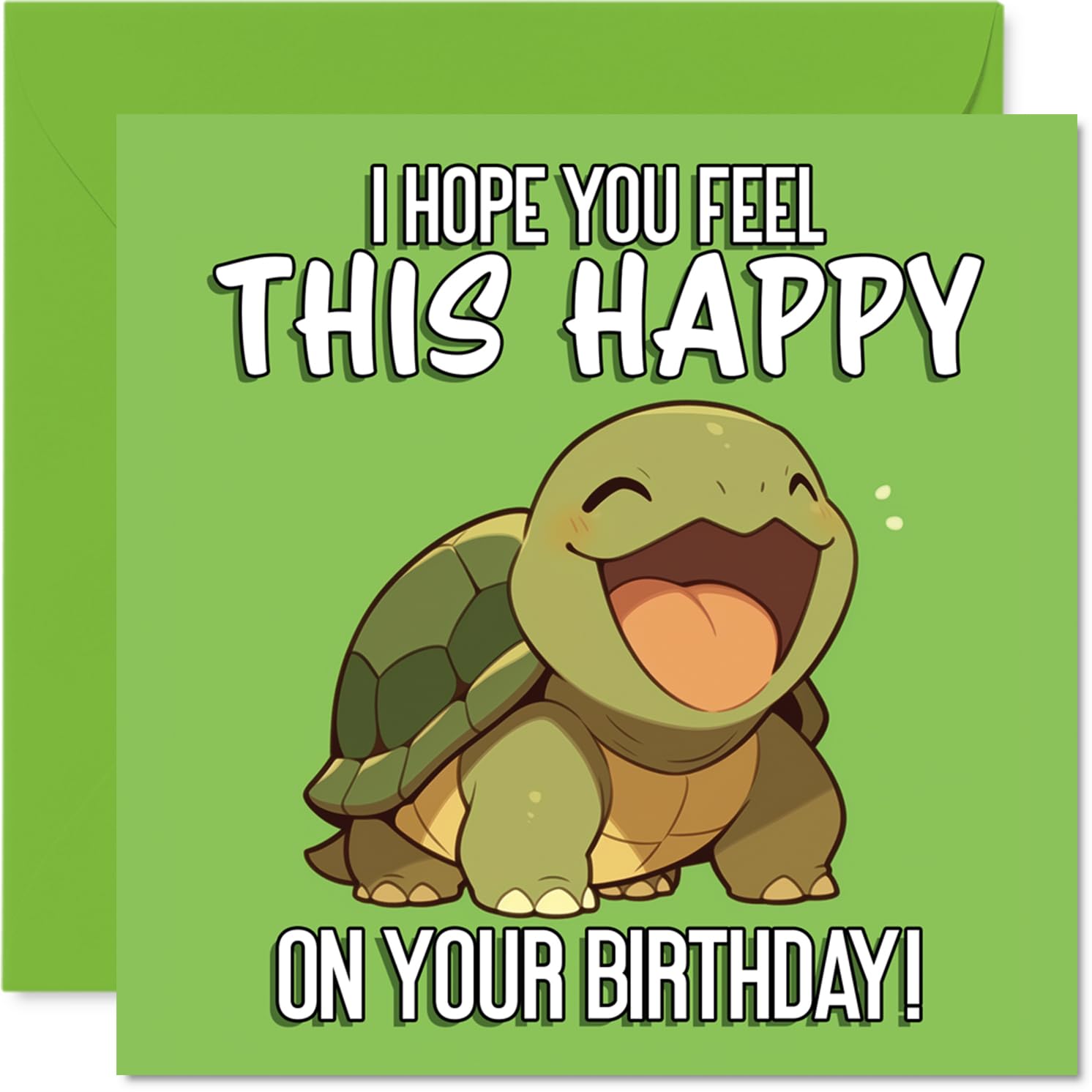Cute Birthday Card - Bursting with Birthday Cheer - Smiling Green Turtle Design with Joyful Message - Sure to Brighten Their Special Day - 145mm Square, Envelope Included