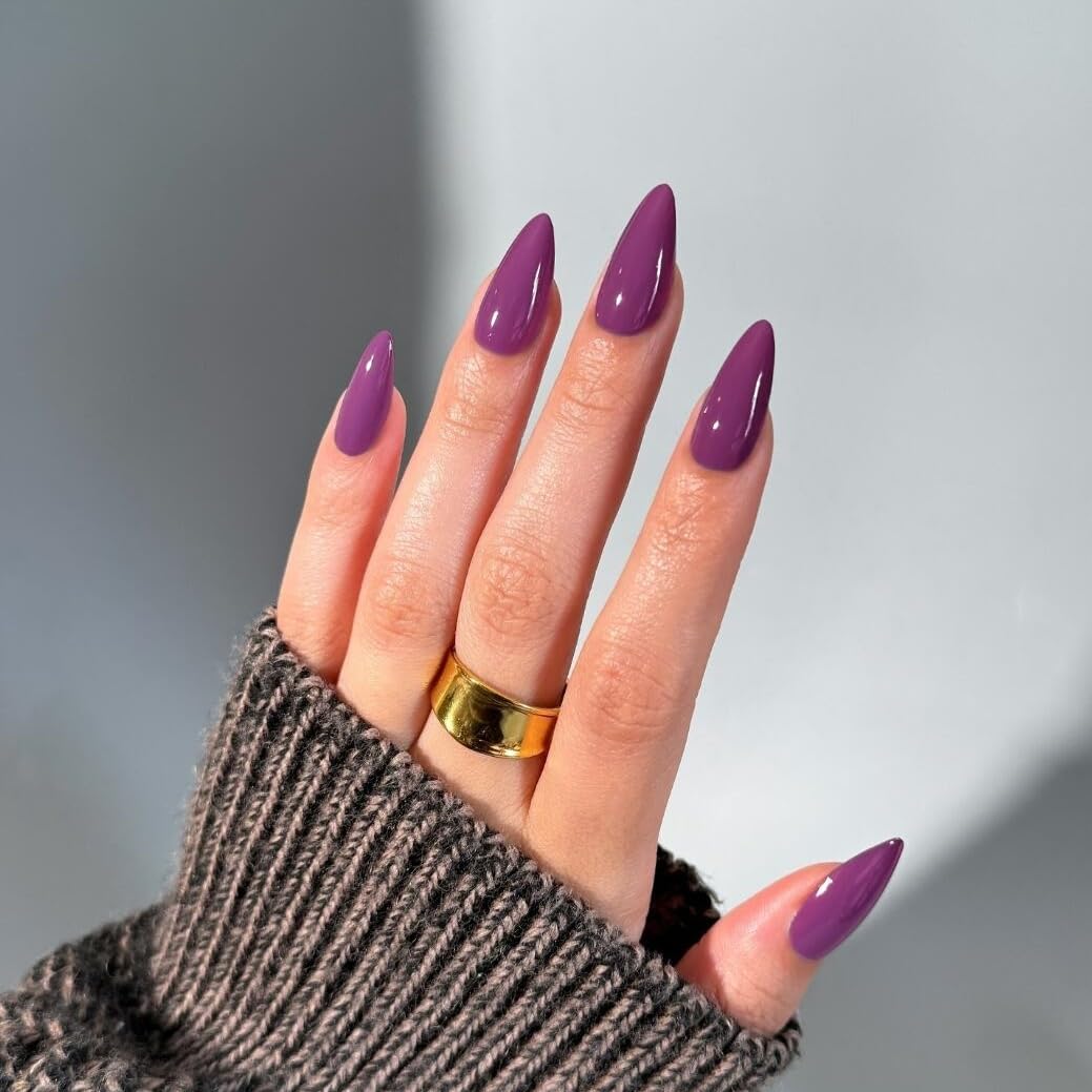 SXVME 48 Pcs Berry Purple Press on Nails Almond Medium Acrylic False Nails Medium Stiletto Natural Fake Nail Set Elegant Solid Color Full Cover Glossy Gel Stick on Nails for Women Daily Wear - Image 2