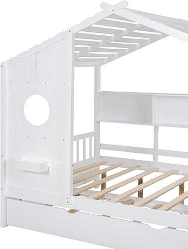 Miniatura 16 de Cama de casa de tamaño individual con 2 cajones, marco de cama de madera y barandilla de seguridad. Ahorra espacio, ideal para el dormitorio de un