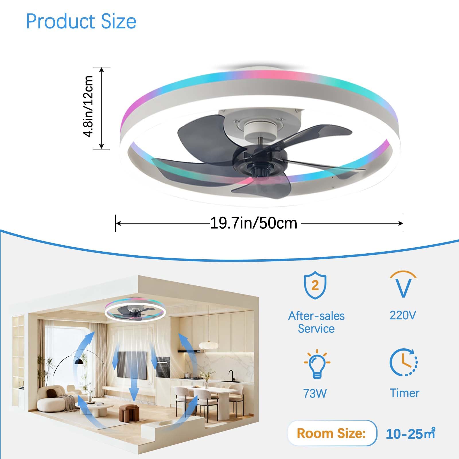 50cm RGB Ventilatore da Soffitto con Luce e Telecomando 73W Bianco | Silenzioso Plafoniera con Ventilatore per Camera da Letto Soggiorno Timer LED Lampadario Ventilatore 6 Velocità 3000-6500K