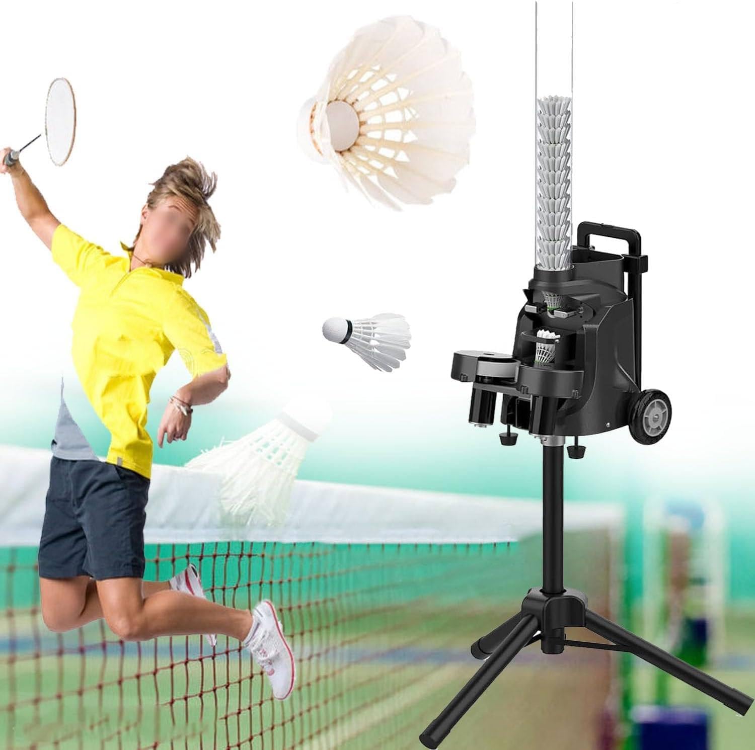 Badminton Serving Machine with Wheels, Variable Speed Control, 52+ Shuttlecock Capacity, Adjustable Angle -15° to +35° for Realistic Game Drills