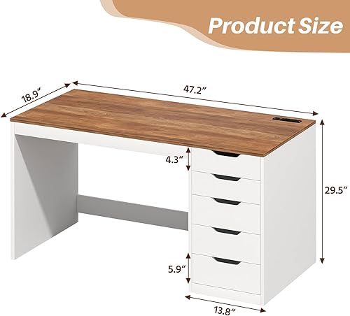 Miniatura 2 de Escritorio para computadora de 47 pulgadas con 5 cajones y tomas de corriente, escritorios de oficina en casa con archivador de almacenamiento,