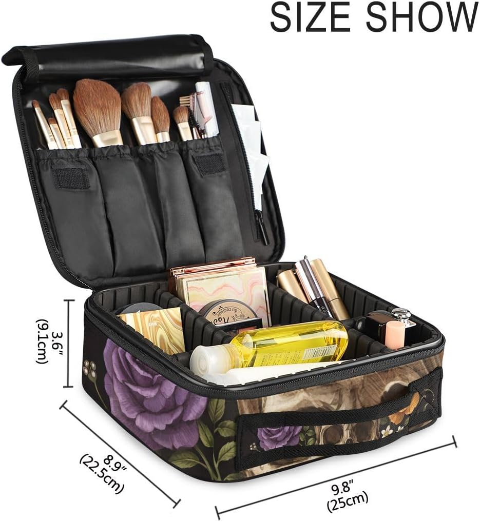 ALAZA Travel Makeup Case, Day of The Dead Skull Rose Humming Bird Dia Muertos Cosmetic toiletry Travel bag for Women Girls