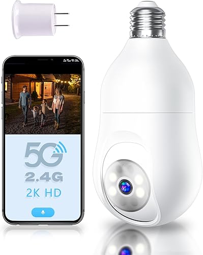 MCJ Cámara de seguridad de bombilla de 2K / 4MP impermeable para exteriores, cámara inalámbrica WiFi de 2.4 GHz para seguridad del hogar con