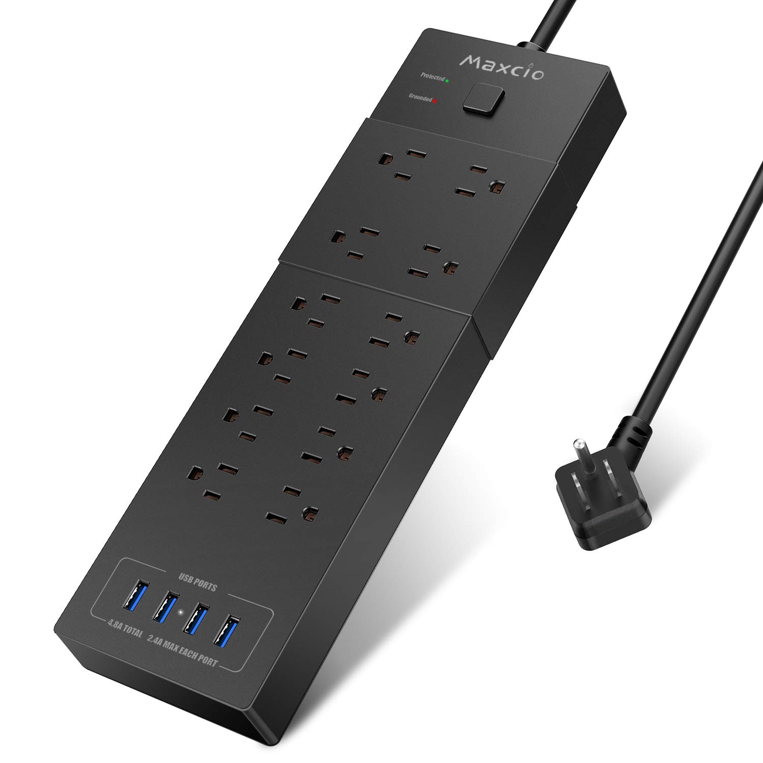 Power Strip, Maxcio Surge Protector with 12 AC Outlets & 4 USB Charging Ports, 1875W/15A, Wall Mountable Flat Plug Extension Cord for Home & Office
