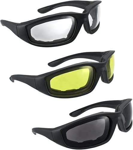 LuckyStone 3 pares de gafas de protección UV para motocicleta, gafas de sol acolchadas para bicicleta, color amarillo claro ahumado