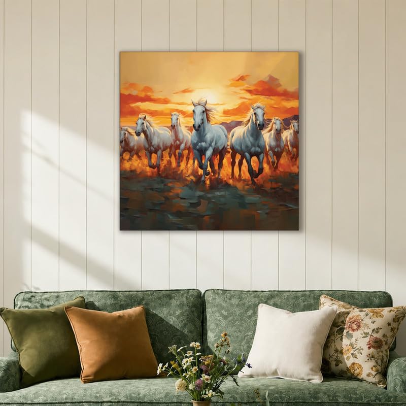 Image of PAINTINGMANTRA 7 Running Horses Vastu Stretched Canvas Painting For Living Room Seven White Horses Wall Art Painting Symbol of Success, Growth & Positive Energy Wall Art for Home & Office, 22x22 Inch
