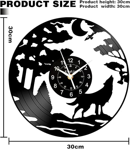 Miniatura 2 de Wild Wolf - Reloj decorativo de 12 pulgadas, gran estatua de disco de vinilo de arte estético negro, reloj de pared silencioso para decoración de