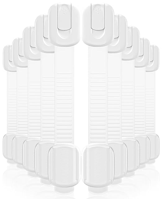 10 Pack Cabinet Locks Baby Proofing, Child Proof Cabinet Locks with 3M Adhesive - Easy Installation with Adjustable Straps, Multi-Purpose Child Safety Latches for Drawers Fridge Trash Cans Toilets