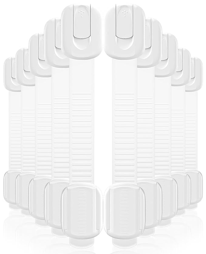 10 Pack Cabinet Locks Baby Proofing, Child Proof Cabinet Locks with 3M Adhesive - Easy Installation with Adjustable Straps, Multi-Purpose Child Safety Latches for Drawers Fridge Trash Cans Toilets