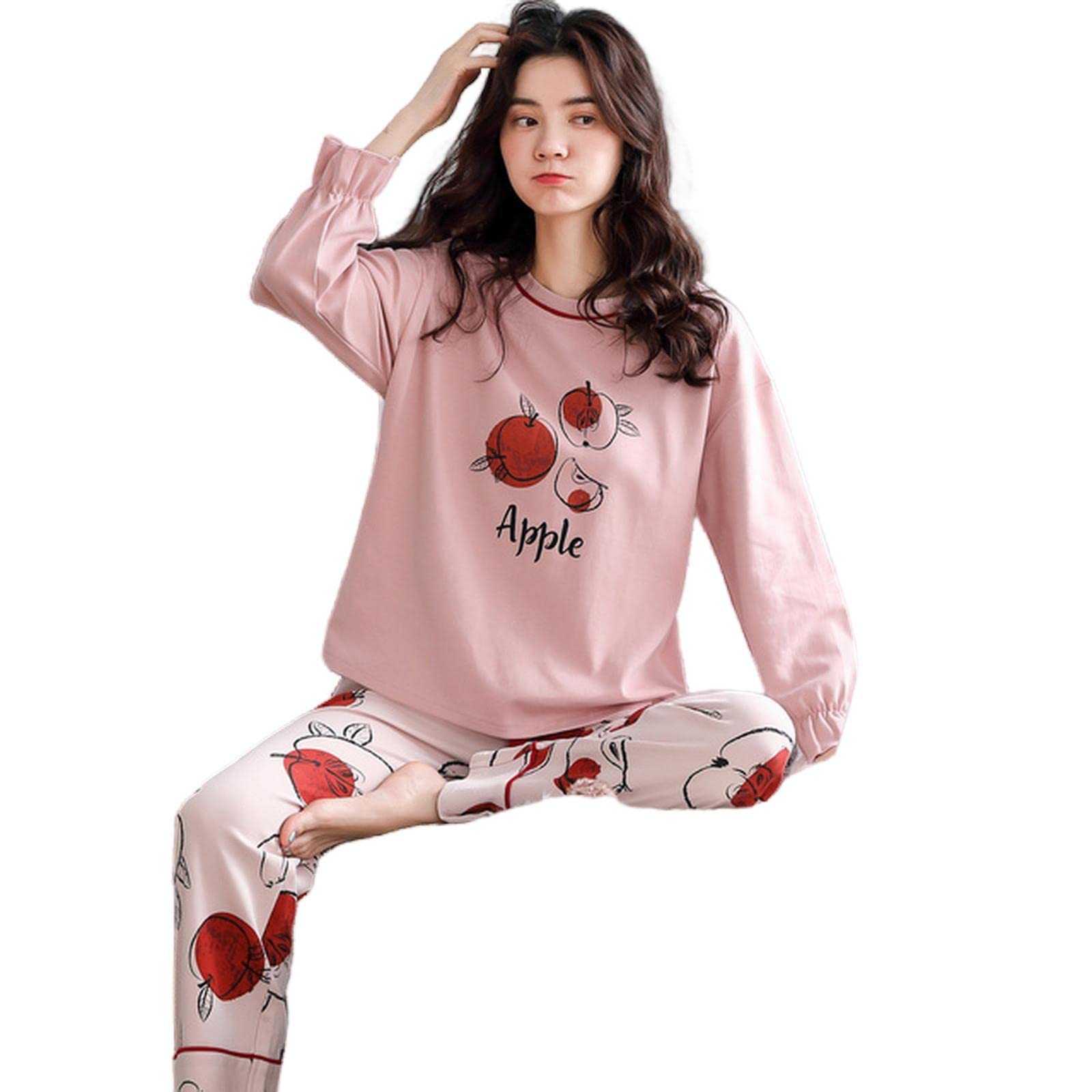 MOGSA Pijama para mujer, primavera, otoño, de algodón, elegante, floral, conjunto de ropa de dormir, pantalones a cuadros, para mujer, hogar, W5, M asiático (40-50 kg)