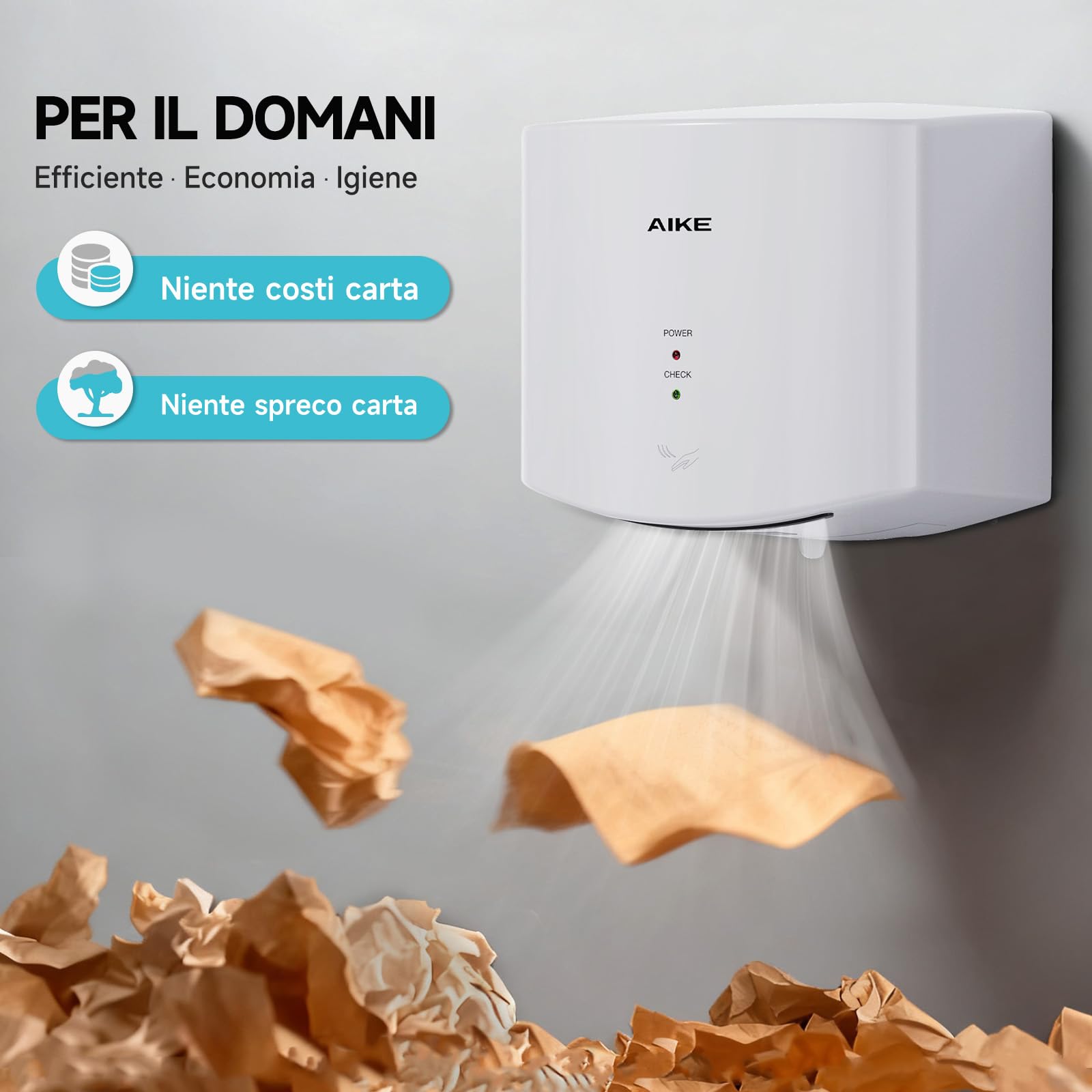 AIKE Air Wiper Asciugamani Compatto, Asciugatura ad Alta velocità, 1400W 220V, Collega e USA, Senza Carta e Senza Contatto per Bagni Pubblici, AK2630S (Bianco)