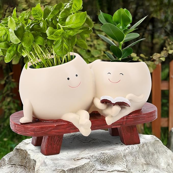 Image of Unique Chair Flower Pots | Cute Succulent Planters in Vintage Chair Design, Indoor & Outdoor Plant Holders for Home & Garden (Smiley Face Chair Succulent Pots), White
