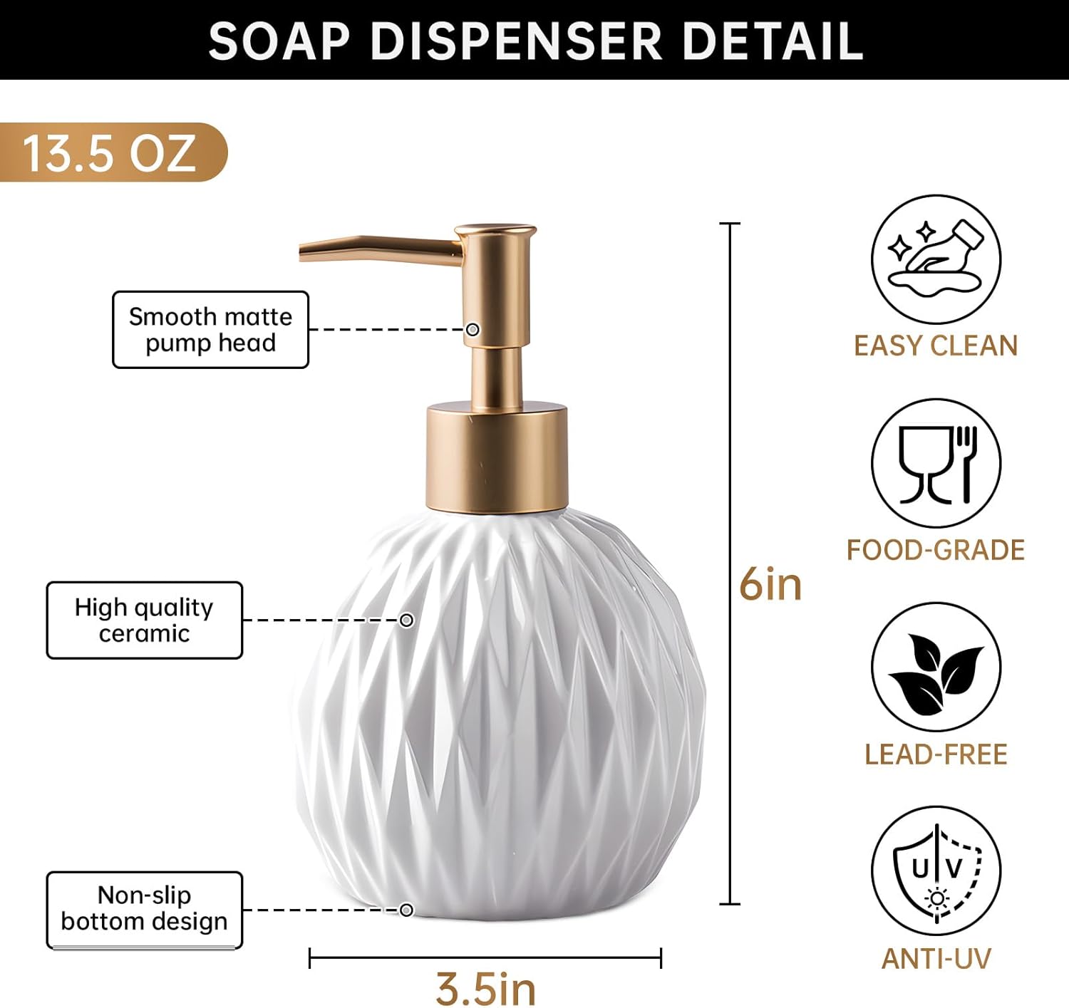 Ceramics Gold Soap Dispenser for Bathroom, Relief Soap Dispenser for Kitchen Sink, 400ml/13.5Oz Refillable Liquid Hand Soap Bottle with Gold Pump (White). - Image 7