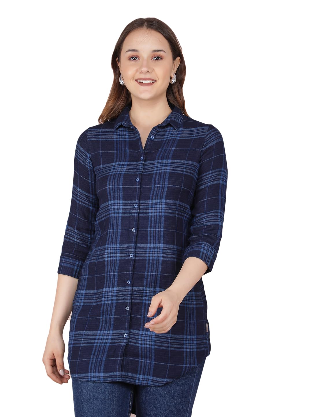 crimsoune club Women's Navy Blue Checked 100% Cotton Long Shirt-picture-32