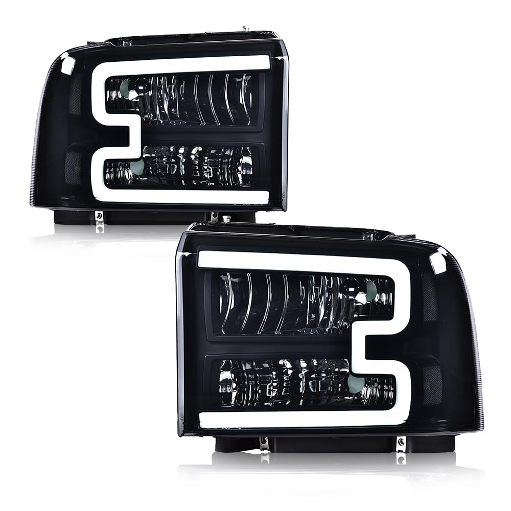 GRAND ORANGE LED DRL BAR Headlights Assembly Compatible with 2005-2007 Ford F250 F350 F450 F550 Super Duty/ 05 Ford Excursion Smoke lens Black Housing Clear Reflector