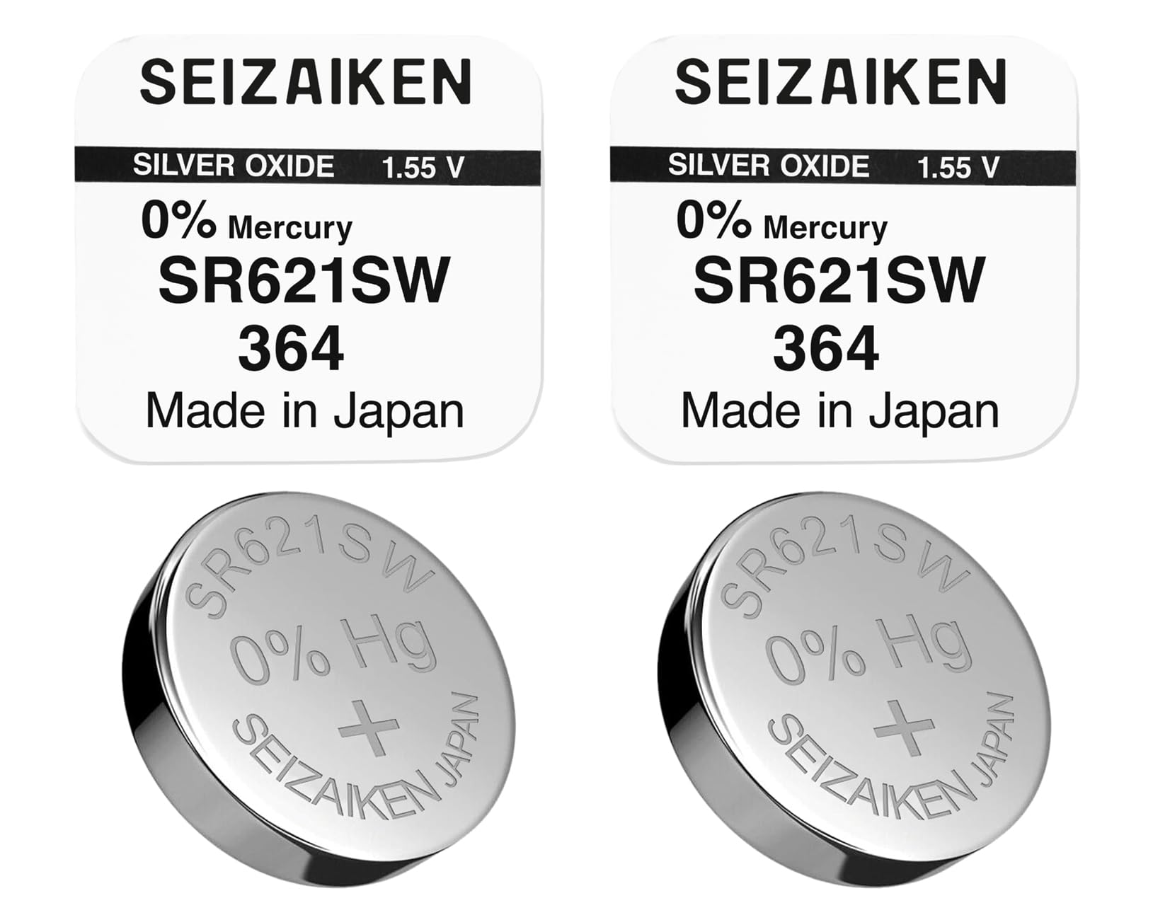 2 Stück Knopfzellen Original SEIZAIKEN 364, SR621SW, 1.55 V, Uhrenbatterien Akku Silberoxid, 0% Quecksilber, 100% Made in Japan