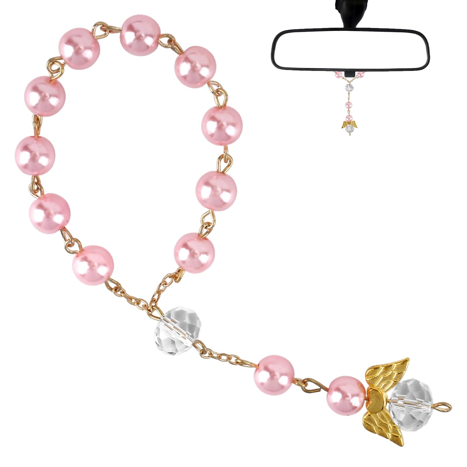 Car Rosary Rearview Mirror,Guardian Angel Car Rosary,Guardian Angel Car Hanging Ornament,Auto Rosary Hanging,Mirror HangingOrnament for Protection Safe Travel,Catholic Christian Gift (Pink)